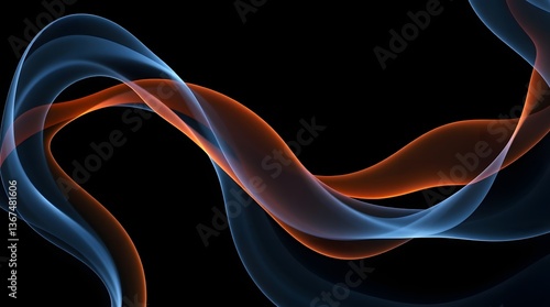 Abstract waves of blue and orange hues flow across a black background. This image for design or illustration purposes.