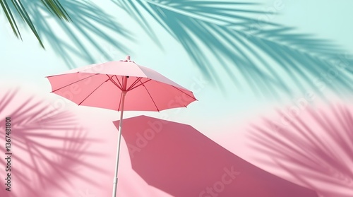 A pink beach umbrella casts shadows among palm fronds. This bright, stylized image has cool tones with tropical vibes