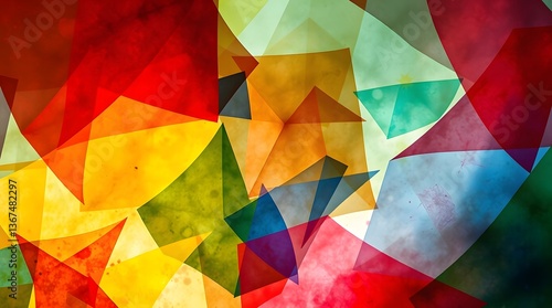 Overlapping geometric shapes in hues of red, green, yellow, and orange create an abstract image. The translucent colors add depth and vibrancy.