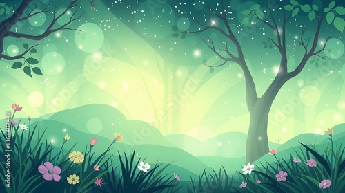 Illustration of a sunny meadow. Trees and flowers grow on hillsides with sunrays streaming through.