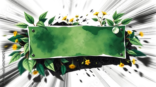 A green banner with surrounding leaves and flowers suggests nature.