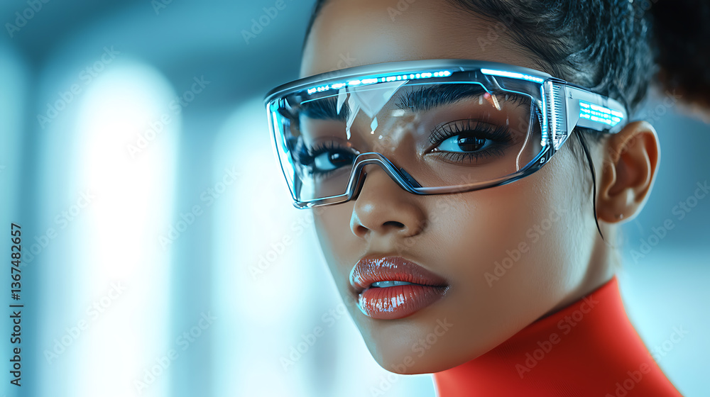 Naklejka premium Futuristic woman with sleek metallic eye panel urban setting portrait photography modern aesthetic close-up view empowerment concept