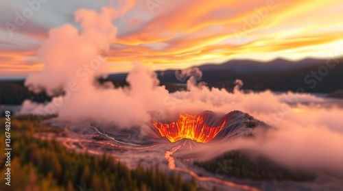 Lava flows from a volcano amidst a forest, framed by a dramatic sunset.