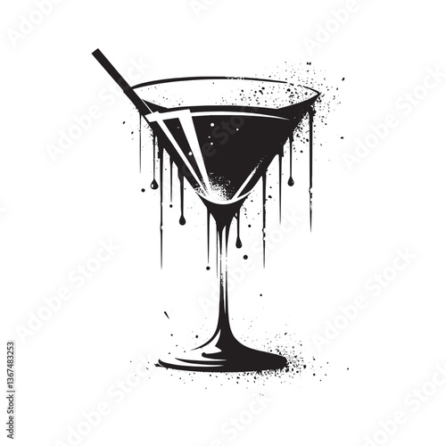 Abstract martini glass illustration with dripping liquid and grunge texture