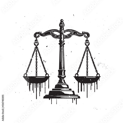 Distressed Justice Scales Illustration with dripping effect black and white