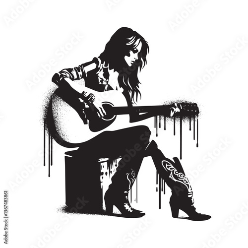 Distressed stencil illustration of a female country musician with her guitar