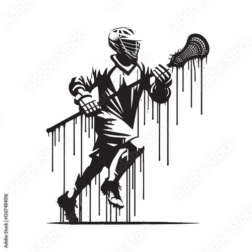 Dynamic Lacrosse Player Graphic in Dripping Paint Style, Black and White