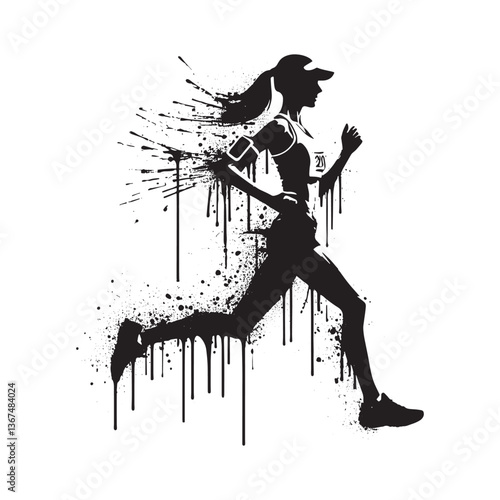 Dynamic female runner silhouette with artistic grunge effect vector design