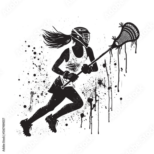 Dynamic female lacrosse athlete silhouette with grunge and spray paint effects