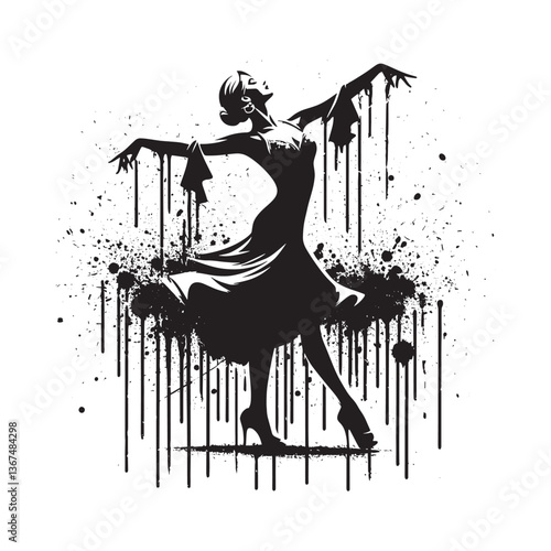 Dynamic stencil illustration of a woman engaged in a passionate ballroom dance