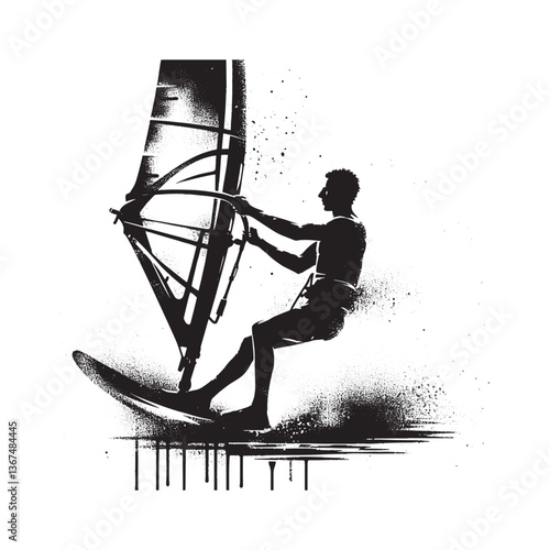 Dynamic windsurfer silhouette with grunge spray texture, a splash of extreme watersport
