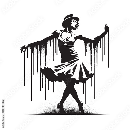Flapper girl stencil art silhouette in motion, vintage jazz style, grunge textures