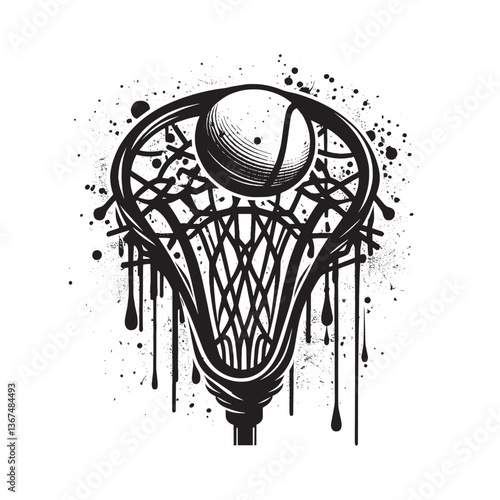 Grunge Lacrosse Net Graphic with Ball and Paint Splatter Effects Black and White