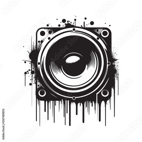 Grunge Vector Illustration of Subwoofer Speaker with Spray Paint Effect