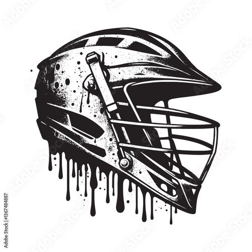 Lacrosse Helmet Drips in Stencil Style Grayscale Masked Protection Graphic
