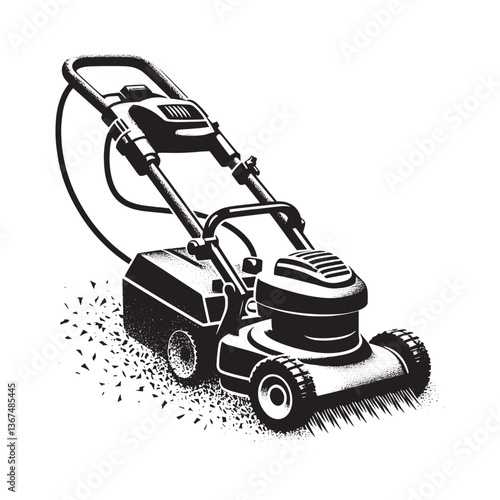 Monochrome lawnmower illustration with textured effect, representing yard work