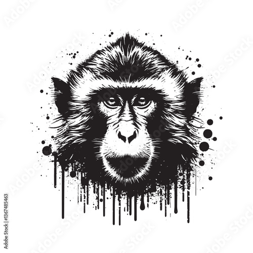 Monochrome macaque monkey portrait with dripping paint effect and stencil art