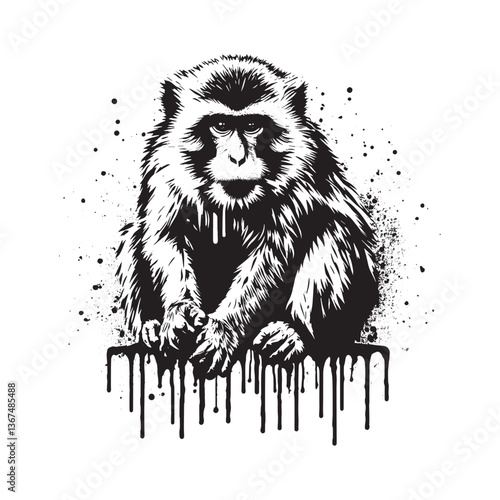 Monochrome macaque portrayal with textured spray, grunge element, artistic illustration
