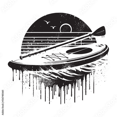 Monochrome stand-up paddleboard ,SUP, on water with grunge elements and dripping spray effect