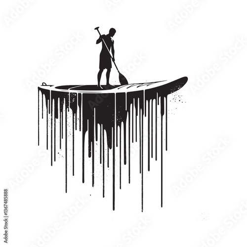 Monochrome Stand-Up Paddleboarding Art with dripping paint effect and Grunge Finish