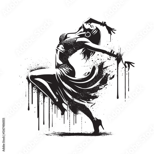 Passionate dancer in a dynamic pose rendered with stencil, dripping spray effect