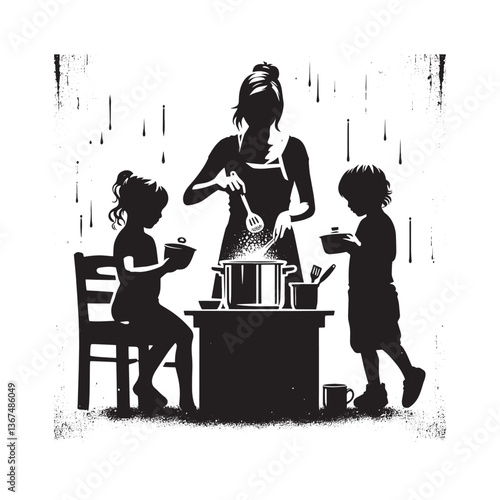 Silhouette family cooking together, nurturing kitchen memories in graphic style