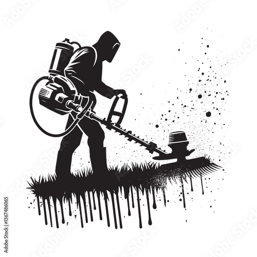 Silhouette Gardener Shaping Bushes with Grunge Style Hedge Trimmer Illustration