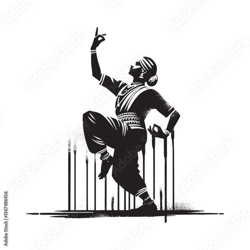Silhouette of an Odissi dancer in a stylized expressive black and white graphic