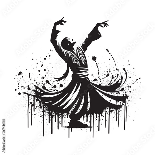 Silhouette of male dancer in stylized whirl against a splattered background