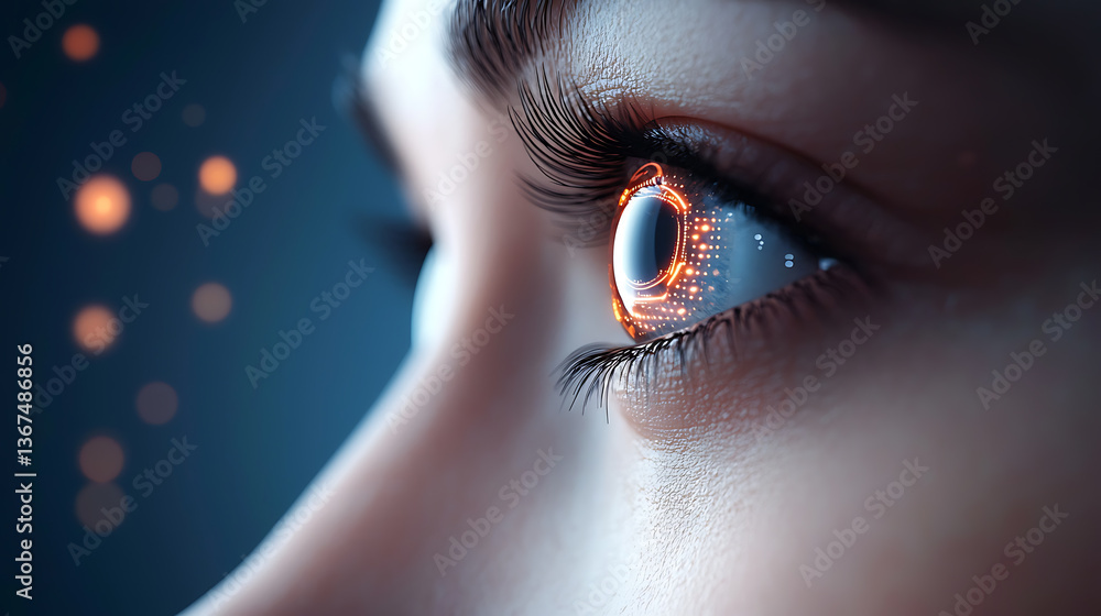 Fototapeta premium Futuristic vision female figure with holographic eye digital realm artistic render sci-fi inspiration close-up perspective innovation concept