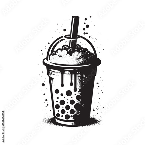 Stylized Bubble Tea Cup with Grunge Texture and Dripping Effects Vector