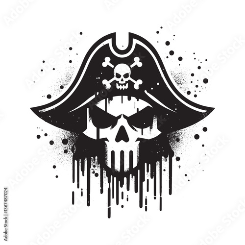Stylized Buccaneer Skull with Tricorn Hat Stencil Vector Illustration