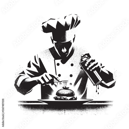 Stylized Chef Plating Food with Spray, Grunge Texture, Modern Culinary Art