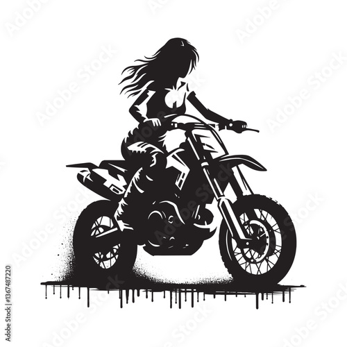 Stylized silhouette of a woman riding a motorbike with grunge dripping style