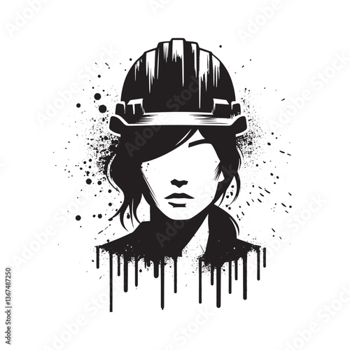 Stylized silhouette of a woman in a hard hat with grunge splatter effect