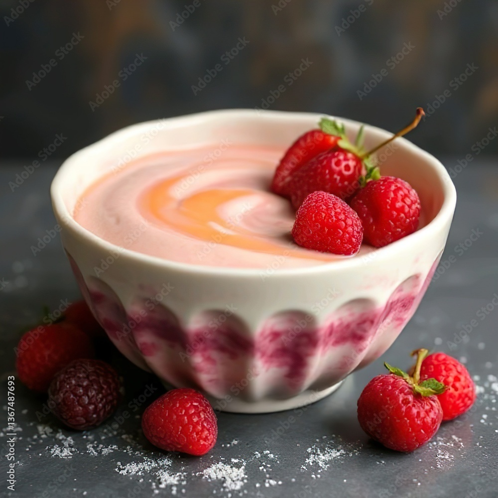 Strawberry and Berry Yogurt Dessert in a White Bowl Strawberry and Berry Yogurt Dessert in a White Bowl