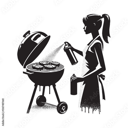 Stylized Woman Preparing Barbecue with Spray Detail in Black and White