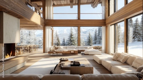 Spacious ski chalet showcasing opulent interiors and breathtaking winter views