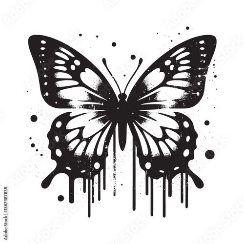 Abstract Butterfly Stencil with Dripping Spray Paint Effect and Grunge Details