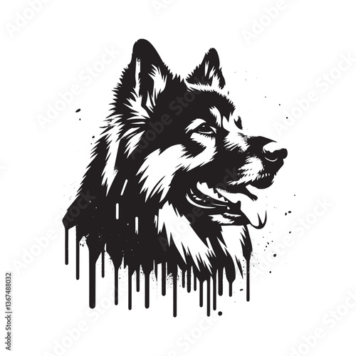 Alsatian dog portrait in stencil art style with dripping paint effect