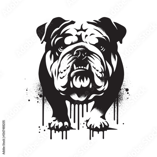 Bold Bulldog in Gritty Stencil Art Style with Spray Paint Drips on white Background