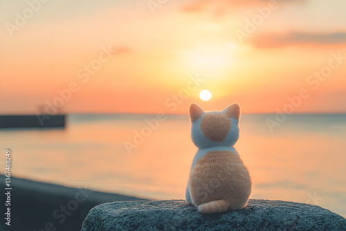 Back view of a cat plush sitting on a stone and looking at the sea with a sunset sky in the background.