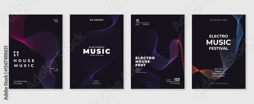 Music poster design background vector set. Electro Sound Cover template with vibrant abstract gradient geometric shape. Ideal design for social media, flyer, party, music festival, club.