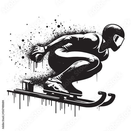Dynamic Bobsleigh Athlete Illustrated with Grunge Stencil and Spray Paint Effect