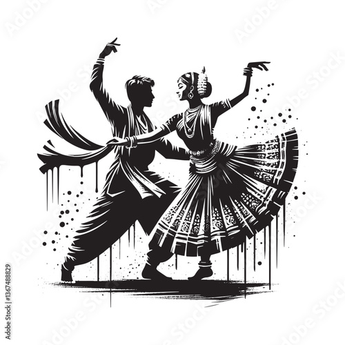 Dynamic monochrome artwork of couple performing Kathak dance in unique style