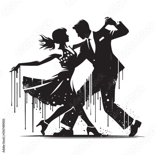 Dynamic stencil of a couple gracefully executing a West Coast Swing dance move