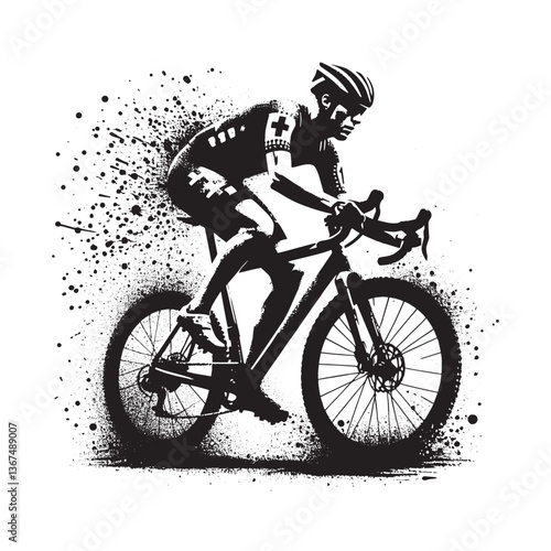 Dynamic cyclocross rider captured in grunge stencil style with spray paint effects