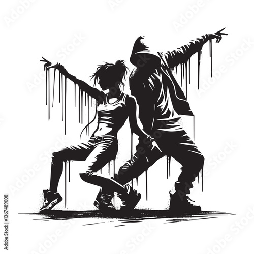Dynamic stencil artwork of urban couple performing energetic hip-hop choreography