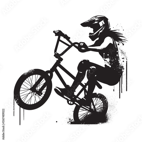 Dynamic stencil artwork showcasing a female BMX athlete performing daring stunts
