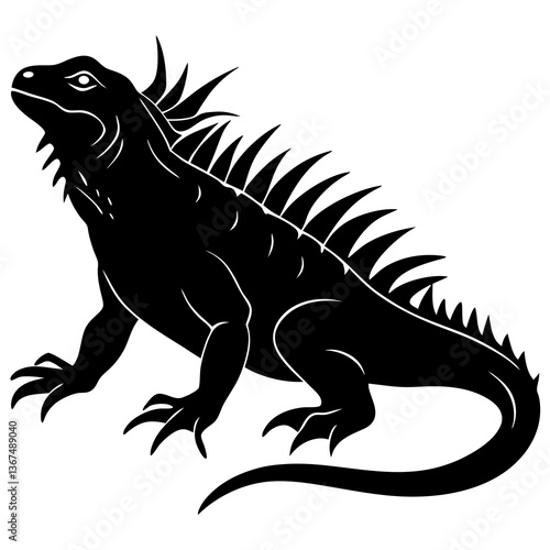 A vector silhouette of an iguana standing with spiked back visible, centered on a white background 